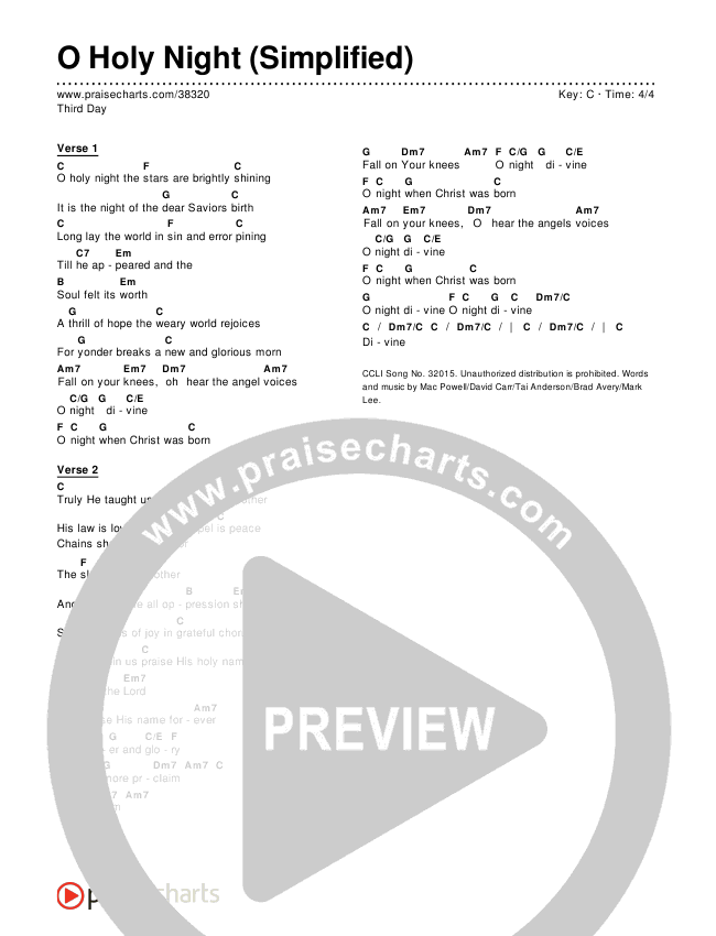 O Holy Night (Simplified) Chord Chart (Third Day)