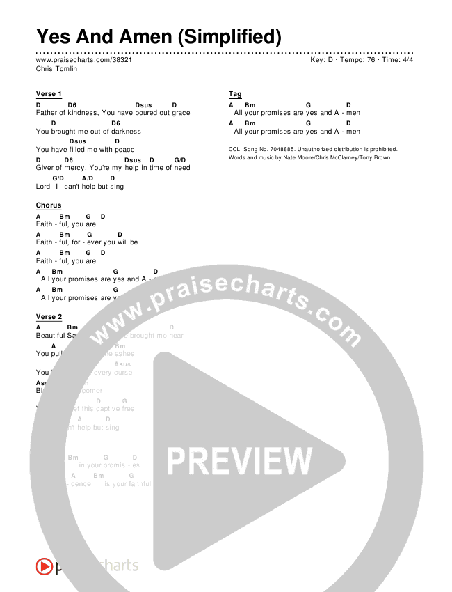 Yes And Amen (Simplified) Chord Chart (Chris Tomlin)