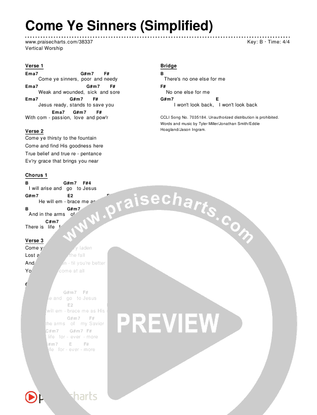 Come Ye Sinners (Simplified) Chord Chart ()