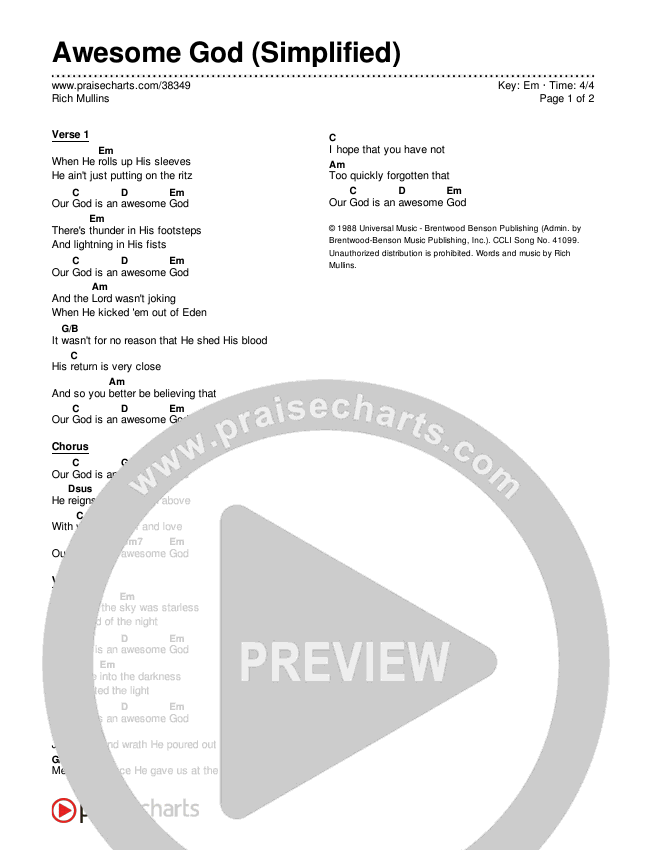 Awesome God (Simplified) Chord Chart (Rich Mullins)