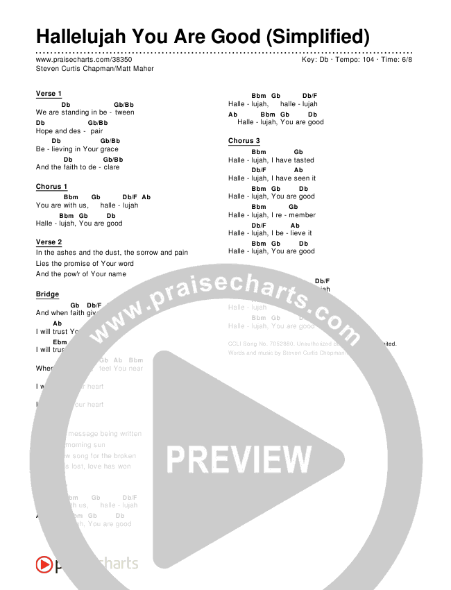 Hallelujah You Are Good (Simplified) Chord Chart ()