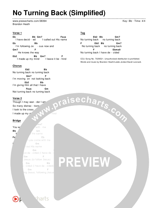 No Turning Back (Simplified) Chord Chart ()