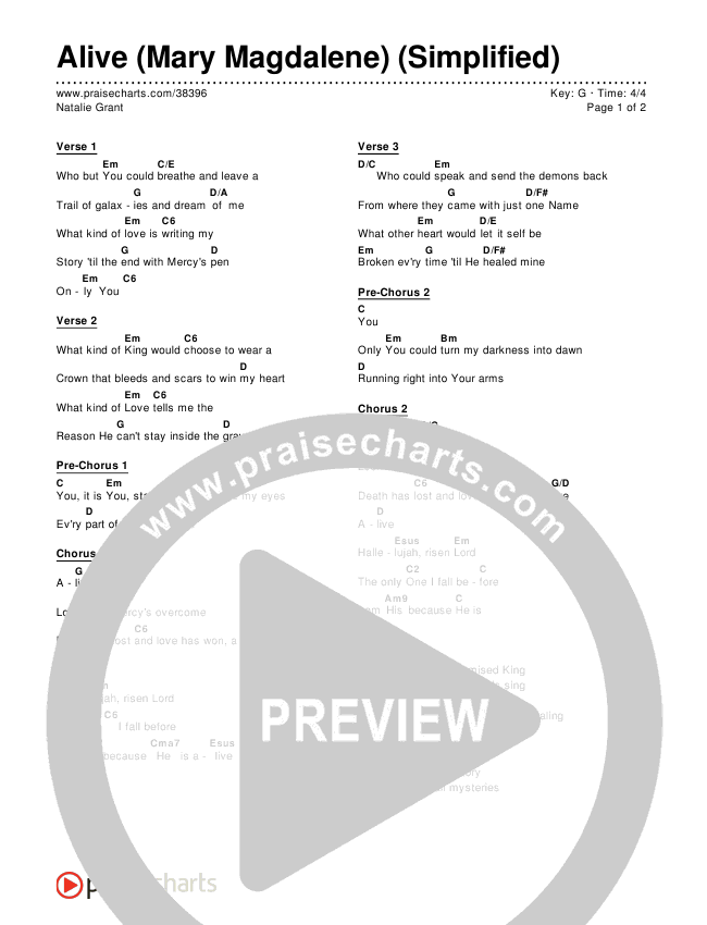 Alive (Mary Magdalene) (Simplified) Chord Chart ()