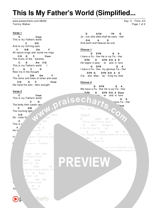This Is My Father's World (Simplified) Chord Chart (Tommy Walker)