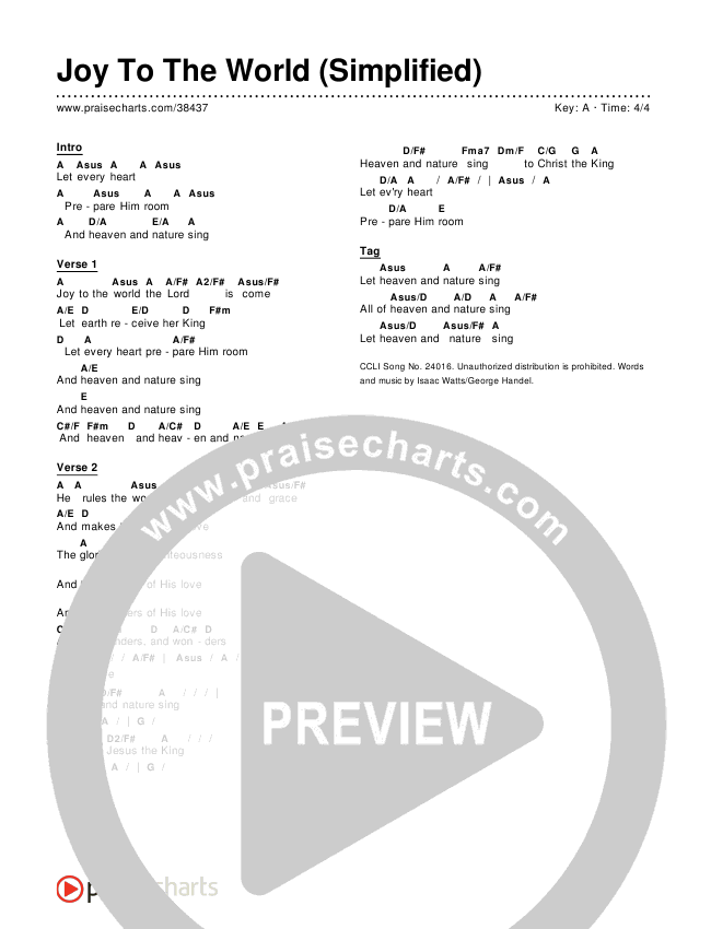 Joy To The World (Simplified) Chord Chart (iWorship)