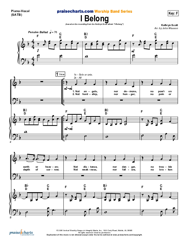 I Belong Piano/Vocal (SATB) (Kathryn Scott)