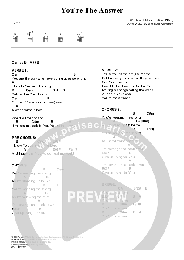 You're The Answer Chord Chart (Hillsong Kids)