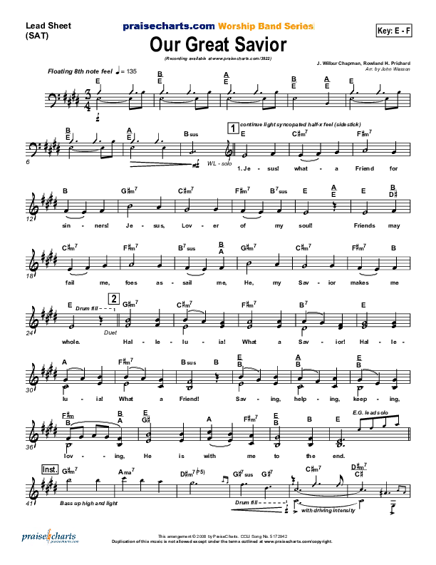 Our Great Savior Lead Sheet (SAT) (PraiseCharts Band / Arr. John Wasson)