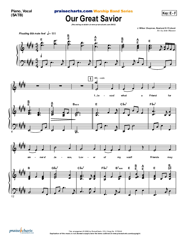 Our Great Savior Piano/Vocal (PraiseCharts Band / Arr. John Wasson)