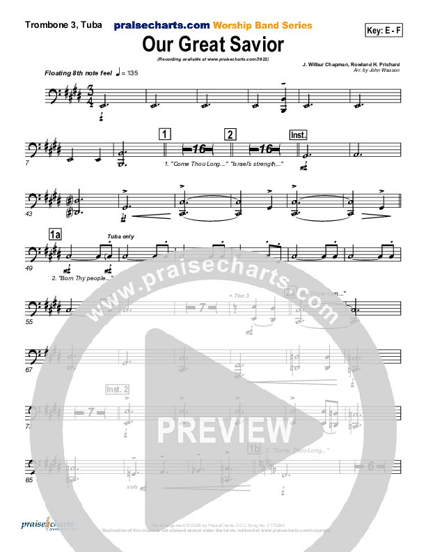 Our Great Savior Trombone 3/Tuba (PraiseCharts Band / Arr. John Wasson)