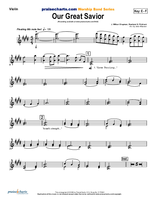 Our Great Savior Violins (PraiseCharts Band / Arr. John Wasson)