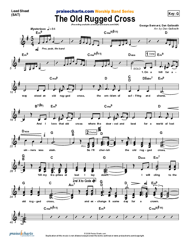 The Old Rugged Cross Lead Sheet (SAT) (PraiseCharts Band / Arr. Daniel Galbraith)