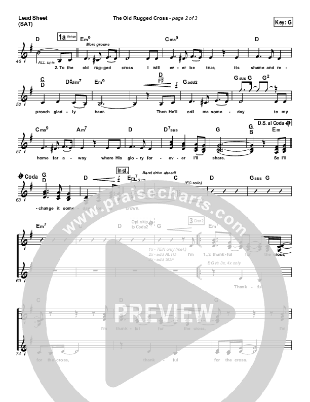 The Old Rugged Cross Lead Sheet (SAT) (PraiseCharts Band / Arr. Daniel Galbraith)