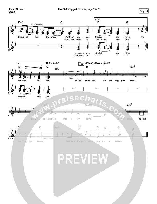 The Old Rugged Cross Lead Sheet (SAT) (PraiseCharts Band / Arr. Daniel Galbraith)
