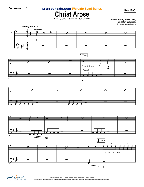 Christ Arose (He Is Lord Of Heaven) Percussion 1/2 (PraiseCharts Band / Arr. Daniel Galbraith)