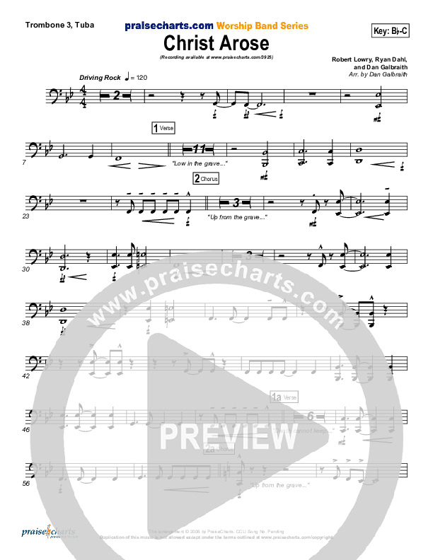 Christ Arose (He Is Lord Of Heaven) Trombone 3/Tuba (PraiseCharts Band / Arr. Daniel Galbraith)