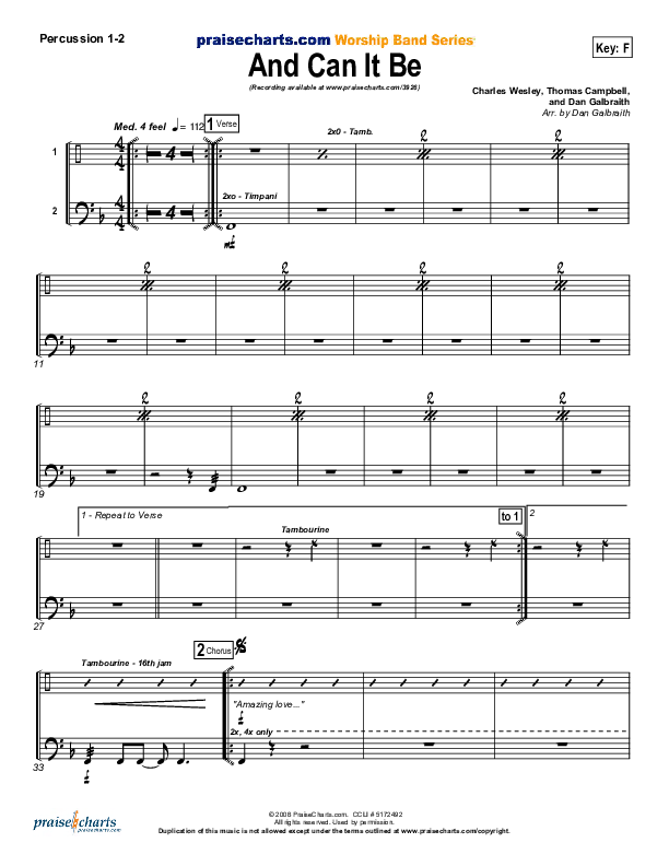 And Can It Be Percussion 1/2 (PraiseCharts Band / Arr. Daniel Galbraith)