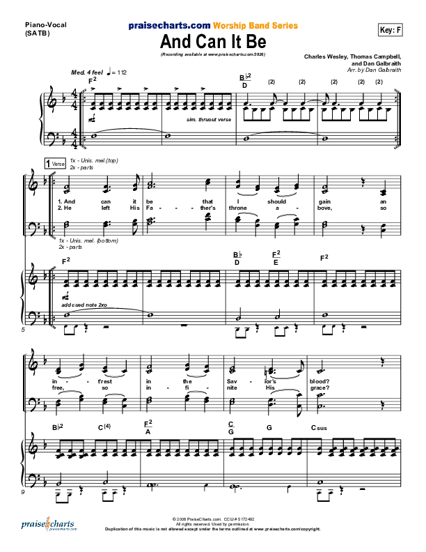 And Can It Be Piano/Vocal (PraiseCharts Band / Arr. Daniel Galbraith)