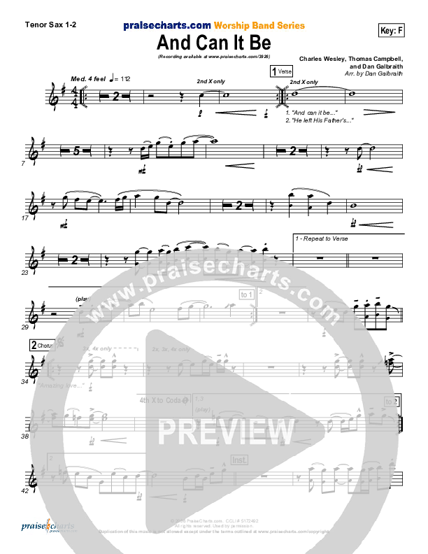 And Can It Be Tenor Sax 1/2 (PraiseCharts Band / Arr. Daniel Galbraith)