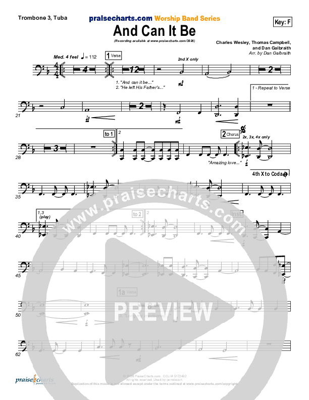 And Can It Be Trombone 3/Tuba (PraiseCharts Band / Arr. Daniel Galbraith)