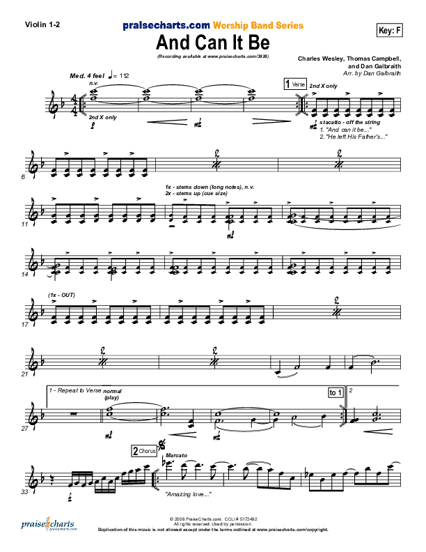 And Can It Be Violin 1/2 (PraiseCharts Band / Arr. Daniel Galbraith)