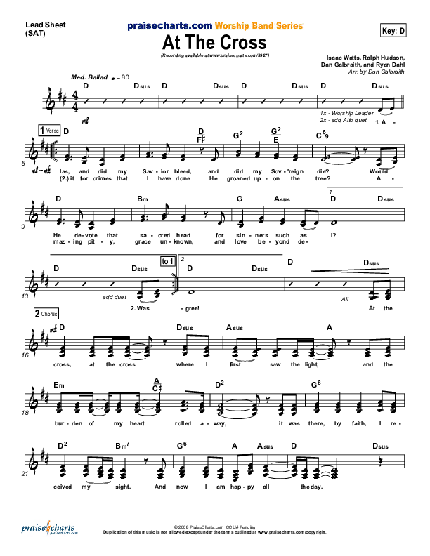 At The Cross Lead Sheet (SAT) (PraiseCharts Band / Arr. Daniel Galbraith)