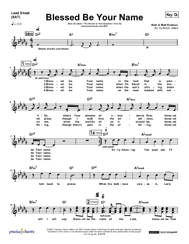 Blessed Be Your Name Lead Sheet (SAT) (Tree63)