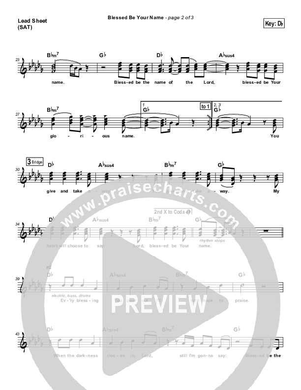 Blessed Be Your Name Lead Sheet (SAT) (Tree63)