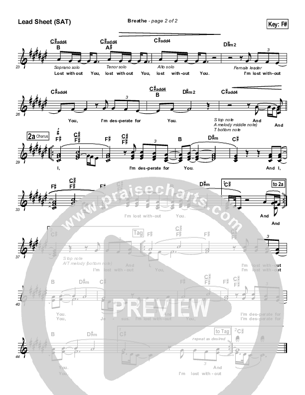 Breathe / Yearn Lead Sheet (Rebecca St. James)