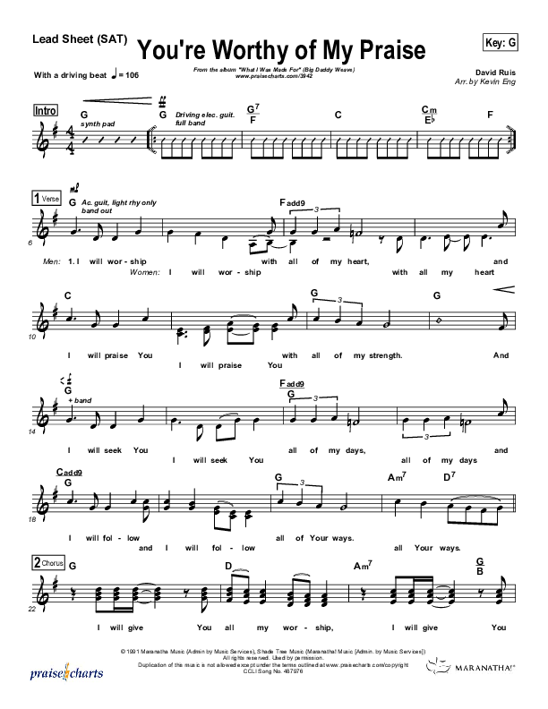 You're Worthy Of My Praise Lead Sheet (Big Daddy Weave)