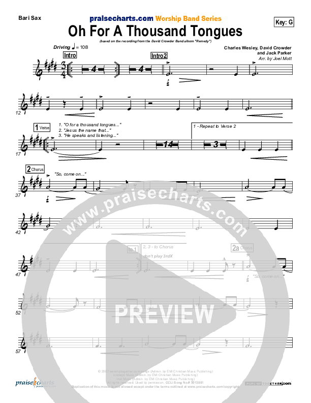 O For A Thousand Tongues To Sing Bari Sax (David Crowder)