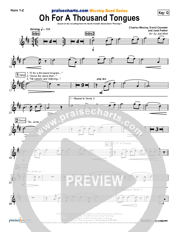 O For A Thousand Tongues To Sing French Horn 1/2 (David Crowder)