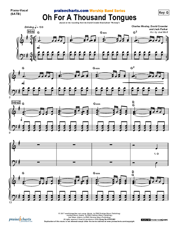 O For A Thousand Tongues To Sing Piano/Vocal (David Crowder)