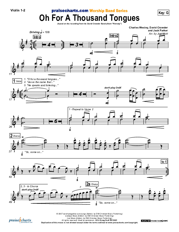 O For A Thousand Tongues To Sing Violin 1/2 (David Crowder)