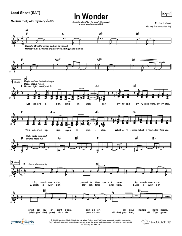 In Wonder Lead Sheet (SAT) (Newsboys)
