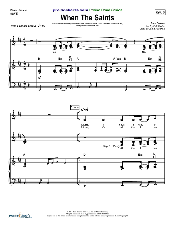 When The Saints Piano/Vocal (SAT) (Sara Groves)