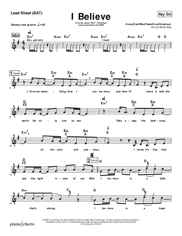 I Believe In Love Lead Sheet (SAT) (Third Day)