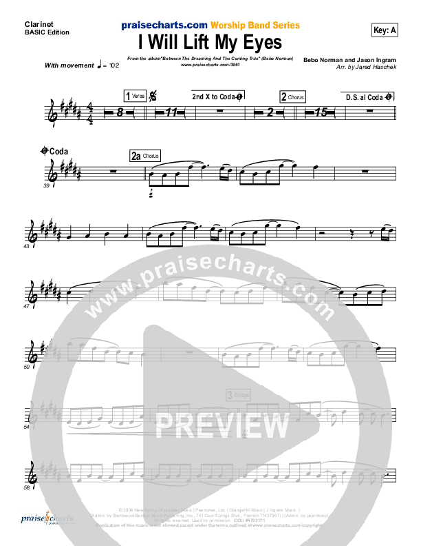 I Will Lift My Eyes Clarinet (Bebo Norman)