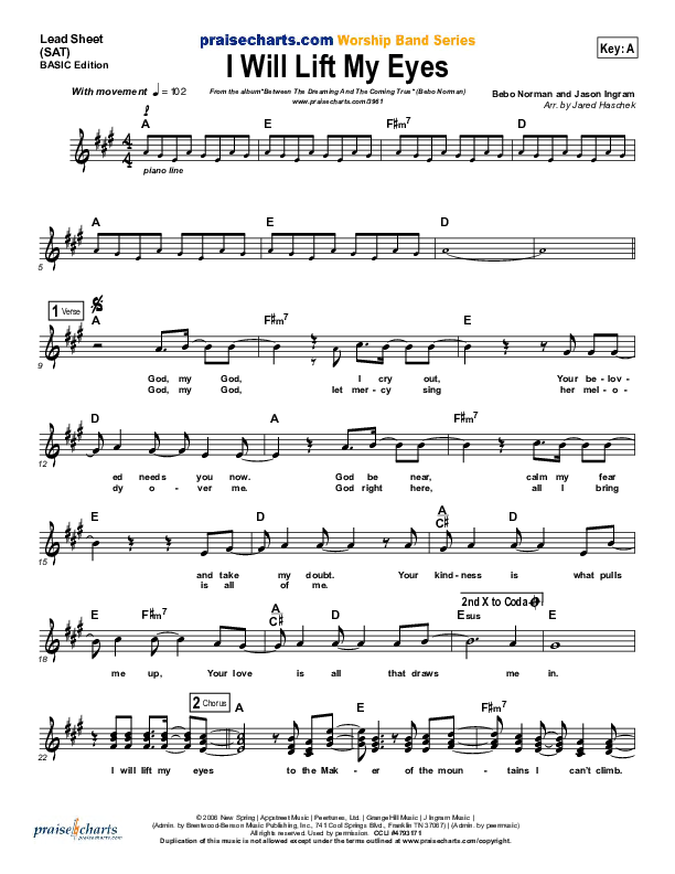 I Will Lift My Eyes Lead Sheet (Bebo Norman)
