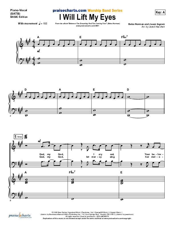 I Will Lift My Eyes Piano/Vocal (Bebo Norman)