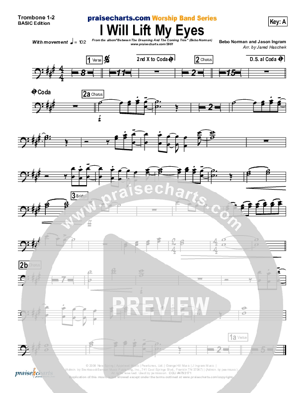 I Will Lift My Eyes Trombone 1/2 (Bebo Norman)