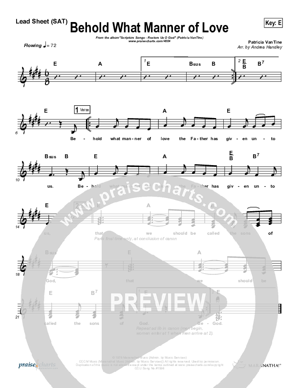 Behold What Manner Of Love Lead Sheet (Patricia VanTine)