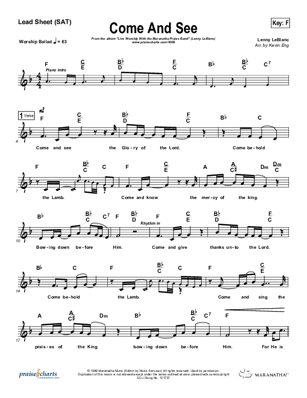 Come And See Lead Sheet (Maranatha Praise Band)