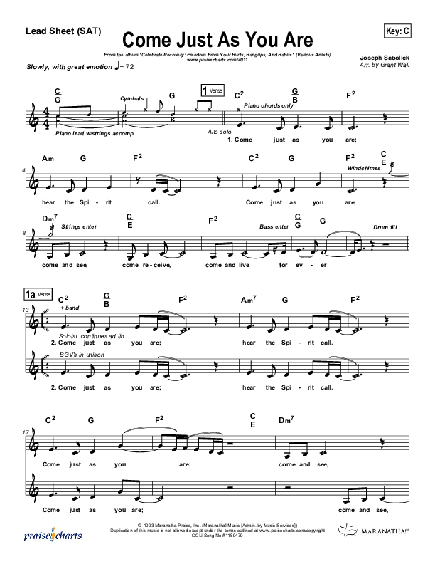 Come Just As You Are Lead Sheet (Maranatha Singers)