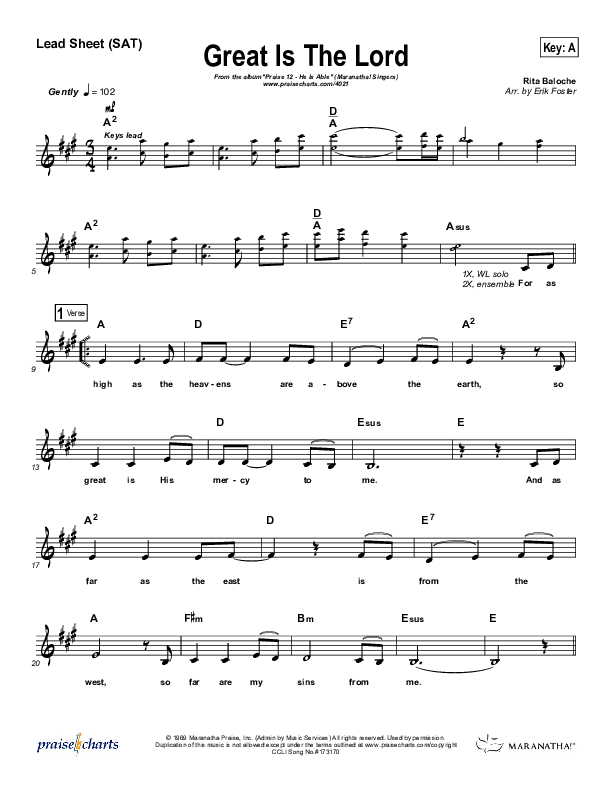Great Is The Lord Lead Sheet (SAT) (Rita Baloche)