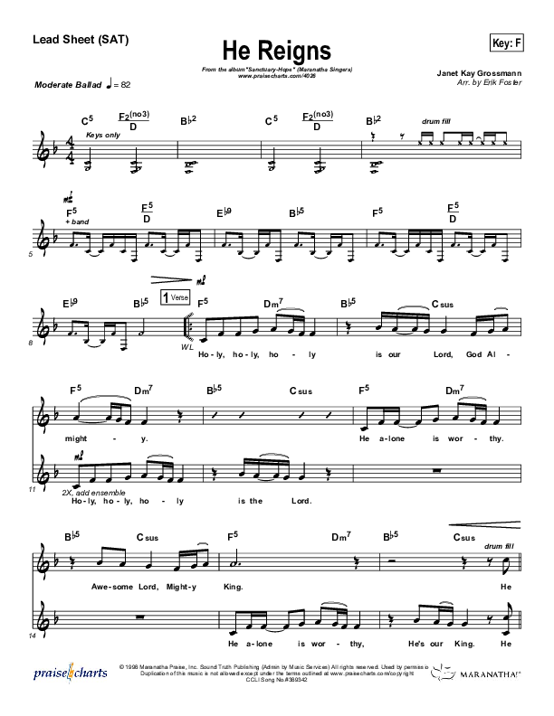 He Reigns Lead Sheet (Maranatha Singers)