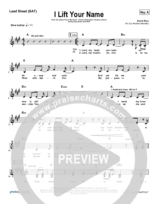 I Lift Your Name Lead Sheet (Maranatha Singers)