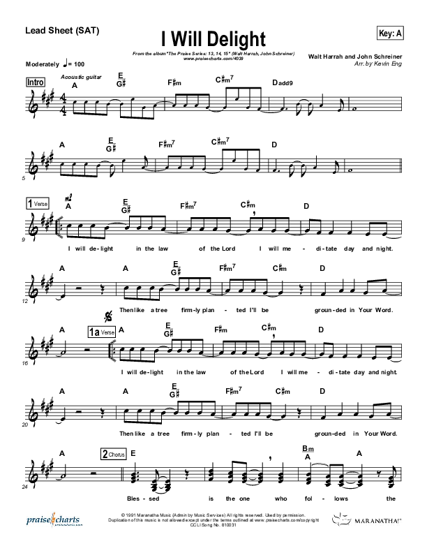 I Will Delight Lead Sheet (Maranatha Singers)
