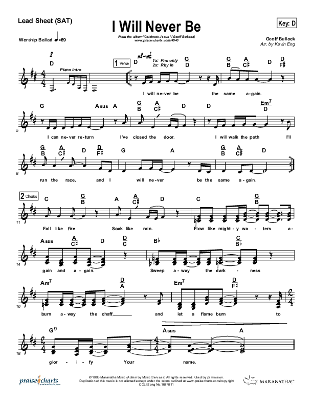I Will Never Be Lead Sheet (SAT) (Maranatha Singers)