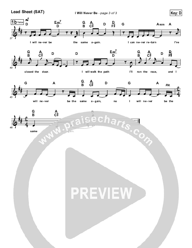 I Will Never Be Lead Sheet (SAT) (Maranatha Singers)